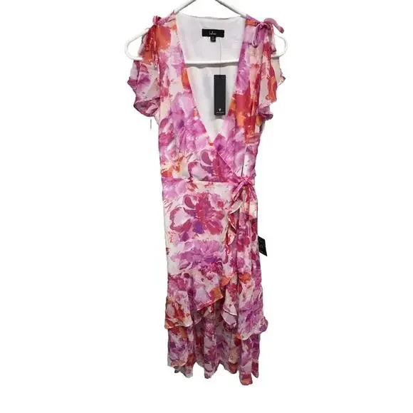 Lulus Dress Womens XS Lovable Aura Pink Floral Print Tiered Midi Wrap Dress - Picture 2 of 11